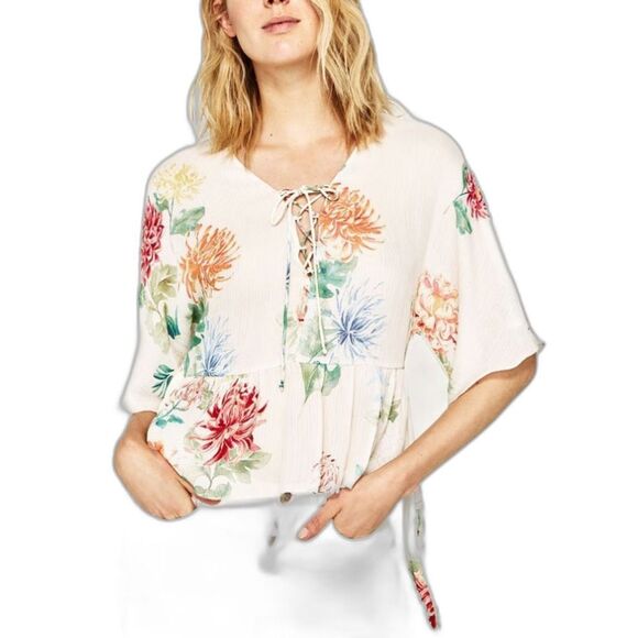 Zara Semi-Sheer Ivory Floral Lace Up Neckline Kimono Sleeve Peplum Top Size M - Picture 1 of 12
